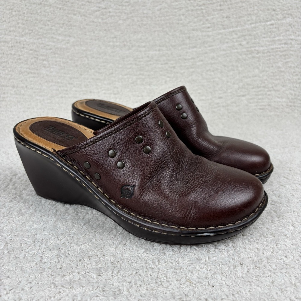 Born Shoes Womens 9 Brown Naomi T Moro Leather Mule Clog Slip On Wedge Studded